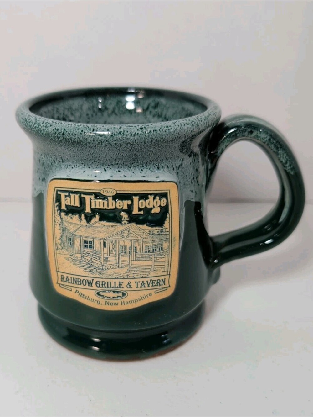 Deneen Pottery Ceramic Mug Green Drip Glaze Rainbow Grille Tavern Pittsburg NH.